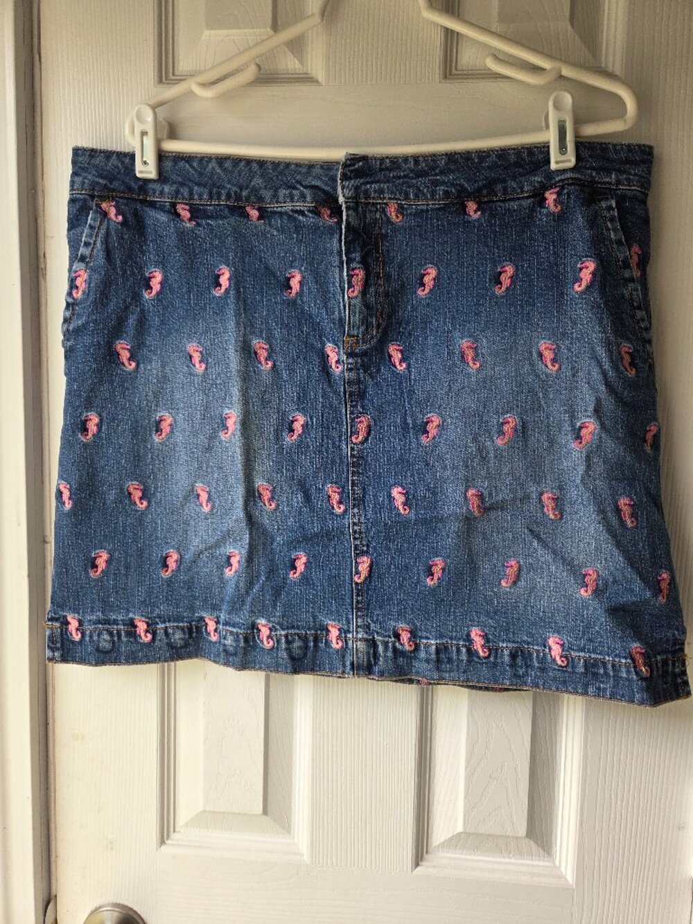 Vintage Lilly Pulitzer Denim Sea Horses Embroidered Skirt Women's Size 14